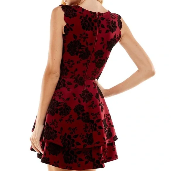 City Studios Women Red and Black Floral Flare Velvet Holiday Dress - Picture 3 of 7